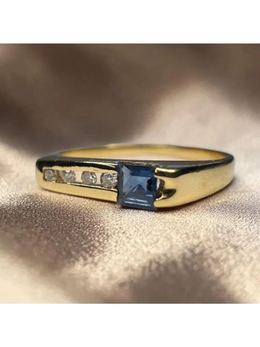 14K Gold Natural Blue Sapphire & Diamond Ring Channel Set Stacking Band Size 6